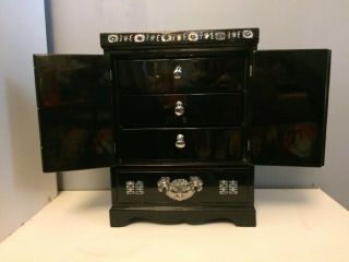 Tall Vintage Asian Wedding MUSICAL Jewelry Box Chest Black Lacquer Mother Pearl 2