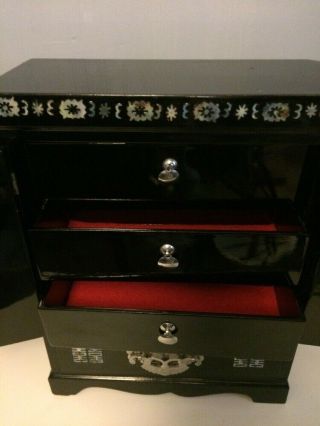 Tall Vintage Asian Wedding MUSICAL Jewelry Box Chest Black Lacquer Mother Pearl 3