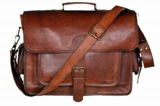 Large Real Goat Leather Vintage Brown Messenger Shoulder Laptop Bag Briefcase