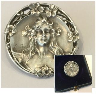 Antique Jewellery Art Nouveau Lady Silver Tone Brooch W/ Signature Dress Pin