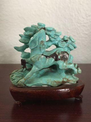 Vintage Chinese Natural Turquoise Carved Carving Fawn & Pine Tree W/ Wood Stand