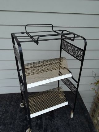 Vtg Mid Century Record LP Album Rack Rolling Cart holder black w/ mesh holds 120 6