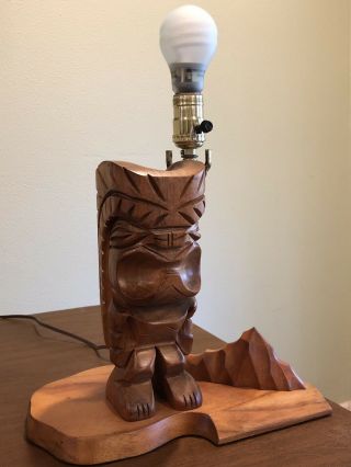 Vintage Hawaiian Carved Koa Wood Tiki Ku God & Diamond Head Table Lamp