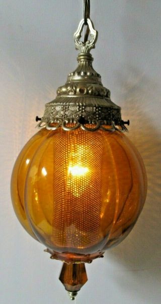 Vintage Mid Century Amber Glass Hanging Swag Lamp Light Chain
