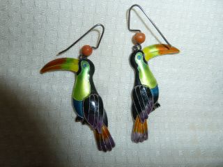 Vintage Sterling Enamel Cloisonne Parrot Macaw Bird Earrings 2 1/2 "