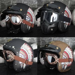 Open Face Motorcycle Helmet Top Leather Retro Indian Feather For Cruiser Street