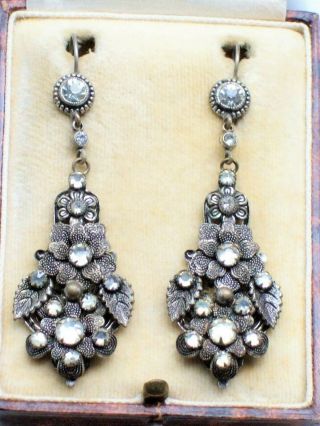 Vintage Art Deco Jewellery Czech Filigree Diamante Drop Hook Earrings Pierced