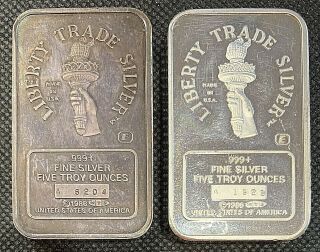(2) Mtb Liberty Trade Silver Englehard Vintage 5 Oz Art Bar.  999 Fine Ultra Rare