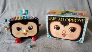Vintage Tin Metal Walking Baby Xylophone Toy Battery Operated 2 