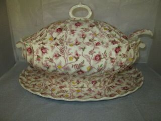 Vintage Copeland Spode Rosebud Chintz Soup Tureen,  Lid,  Under Plate,  Ladle