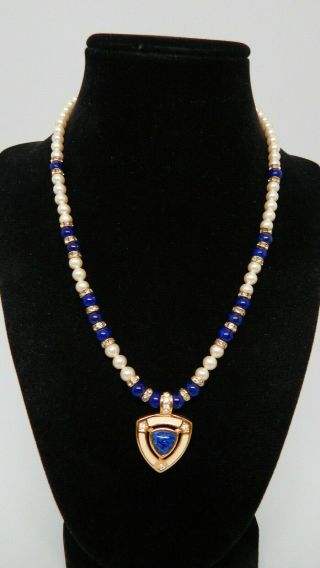 Christian Dior By Henkel Grosse Lapis Glass Pearl Vtg German Couture Necklace