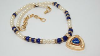 CHRISTIAN DIOR BY HENKEL GROSSE LAPIS GLASS PEARL VTG GERMAN COUTURE NECKLACE 5