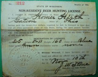 Rare 1908 Wisconsin Non - Resident Deer Hunting License To Galion,  Ohio Hunter
