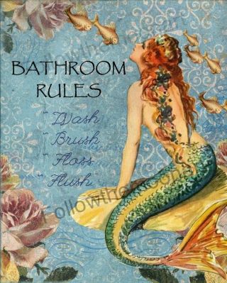 Bathroom Rules Wash Brush Red Hair Vintage Mermaid Quality Art Print