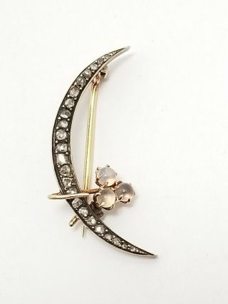 Vintage Antique Estate Find 14k Gold And Diamond Cresent Moon Brooch Pin