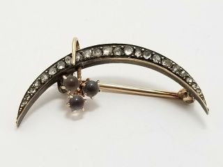 Vintage Antique Estate Find 14k Gold and Diamond Cresent Moon Brooch Pin 2