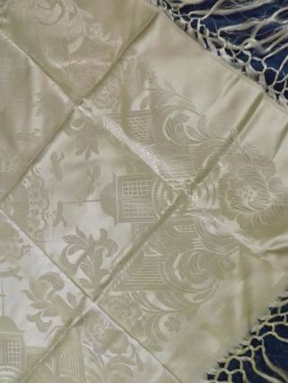 EUC WW II vtg Taj Mahal fringed white silk brocade piano scarf shawl 3