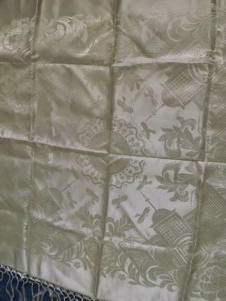 EUC WW II vtg Taj Mahal fringed white silk brocade piano scarf shawl 4