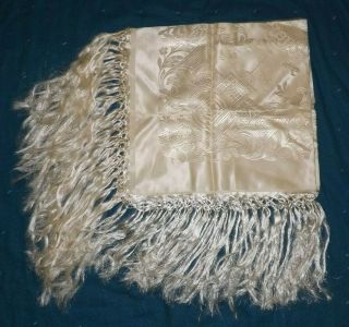 EUC WW II vtg Taj Mahal fringed white silk brocade piano scarf shawl 6