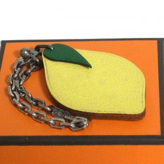 Auth Vtg Hermes Fruit Lemon Motif Bag Charm Yellow Leather Silver Chain