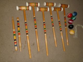 Vintage Wood Croquet Set Mallets Balls Wickets Stakes