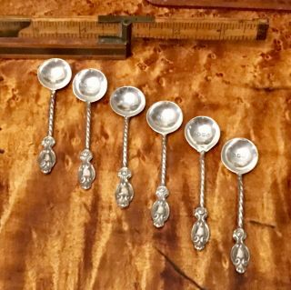Unusual Set Of 6 English Hallmarked Sterling Silver Salt Spoons