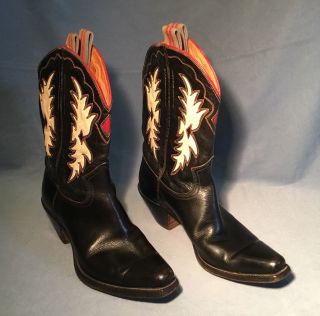 Vintage Custom Made Men’s Black With White /red Inlay,  Cowboy Boots Size 6 1/2 C