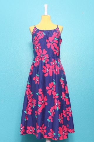 Malia Vtg Dress Sz 12 Hawaiian Blue Pink Floral 50s 60s Tiki O Sleeveless Pinup