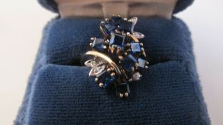 Vtg 14k Solid Yellow Gold Ladies Ring/10 Blue Sapphire,  5 Diamonds 5.  1 Gm.  Sz 3.  5