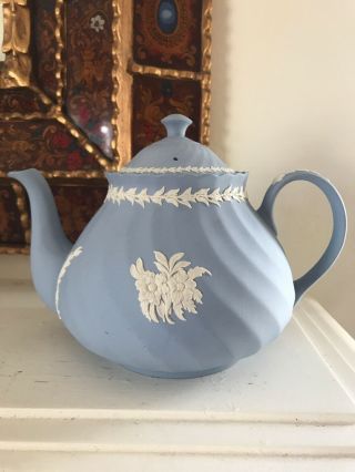 Vintage Wedgwood England Blue Jasperware Floral Flowers Teapot Full Sized