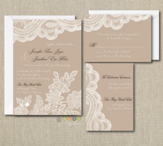 100 Personalized Custom Rustic Vintage Lace Wedding Invitations Set Any Color