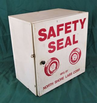 Vintage Mid C Safety Seal Tires Metal Garage Shop Parts Storage Cabinet Display