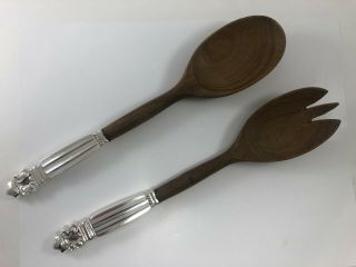 Acorn By Georg Jensen - Sterling Silver Handle And Wood Salad Set C.  1930s