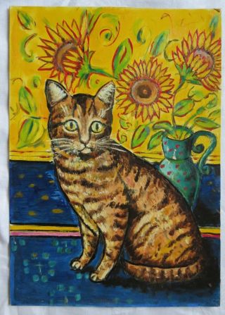 Vintage Colorful Tabby Cat Oil Painting Kitty Portrait Unique?