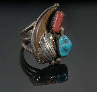 Vintage Navajo Sterling Silver Claw Turquoise & Coral Ring Size 10 0521 - 5