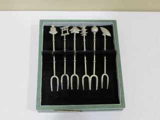 Set Of 6 Vintage Sterling Silver Japanese Olive Forks W/ Gift Box