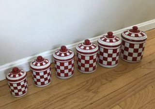 Vintage French Enamel Ware Canisters - Red & White - Set Checkered 6 W/lids