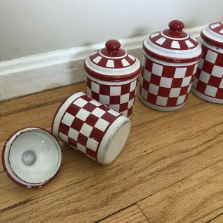 VINTAGE FRENCH ENAMEL WARE CANISTERS - RED & WHITE - SET CHECKERED 6 W/LIDS 2
