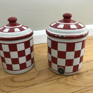 VINTAGE FRENCH ENAMEL WARE CANISTERS - RED & WHITE - SET CHECKERED 6 W/LIDS 3