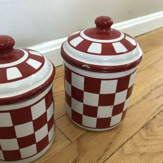 VINTAGE FRENCH ENAMEL WARE CANISTERS - RED & WHITE - SET CHECKERED 6 W/LIDS 4