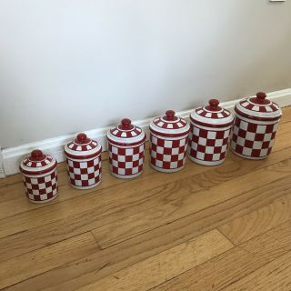 VINTAGE FRENCH ENAMEL WARE CANISTERS - RED & WHITE - SET CHECKERED 6 W/LIDS 5