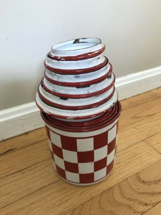 VINTAGE FRENCH ENAMEL WARE CANISTERS - RED & WHITE - SET CHECKERED 6 W/LIDS 7