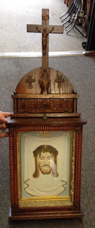 Vintage Wooden Display Case Face Of Jesus Crusifix With Prayer Religious Ornate