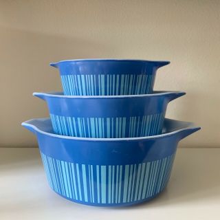 Vintage 1966 Pyrex Blue Striped Barcode Nesting Bowls Set Of 3