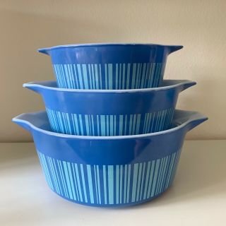 Vintage 1966 Pyrex Blue Striped Barcode Nesting Bowls Set of 3 2