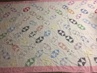 Antique Vtg Bow Tie Quilt Handmade Colorful Feed Sack Hand Quilted 92”