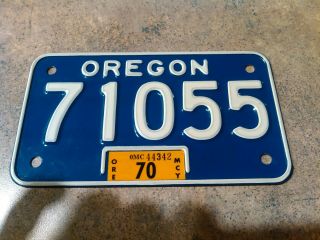 Vintage 1970 Motorcycle License Plate.  Oregon.  Very.  Blue White.  Tag.