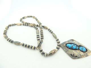 Stunning Vintage Navajo Sterling Silver Turquoise Pendant Necklace