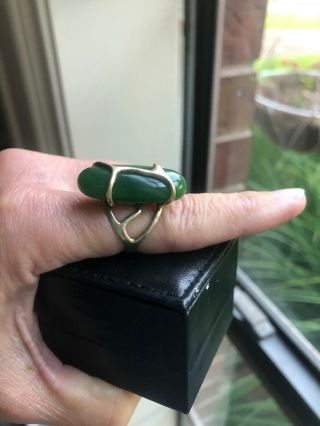 Large Vintage Modernist Sterling Vermeil Ring Jade Organic Freeform Statement