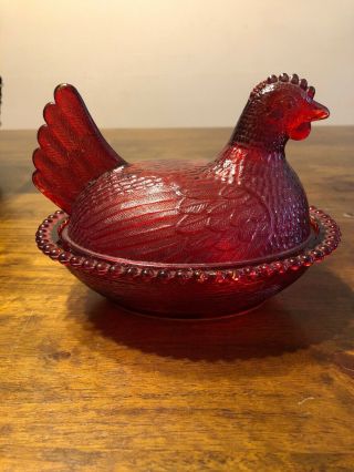 Vintage Indiana Glass Red Chicken Hen On Nest Candy Dish 7  L,  5 1/2 W,  6 Tall